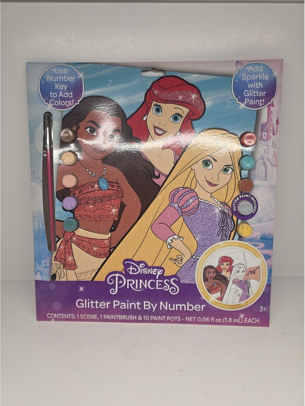 Disney Princess Glitter Paint by Number - 1 Scene, 1 Paintbrush & 10 Paints. New